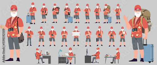 Traveler character model sheet, Character poses, expressions, Walk cycle, Run cycle animated character sequences.