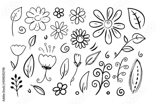 Floral Doodles: Hand-drawn floral doodles bring a touch of nature to your project. These versatile, pen-and-ink illustrations offer endless creative possibilities for design and decor.