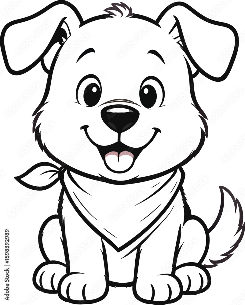 Obraz premium A cute cartoon puppy sitting with a happy smile and a bandana. Black and white vector line art illustration for a coloring book.