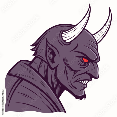 Illustration of a demonic figure with horns, red eyes, and sharp teeth in a side profile view design