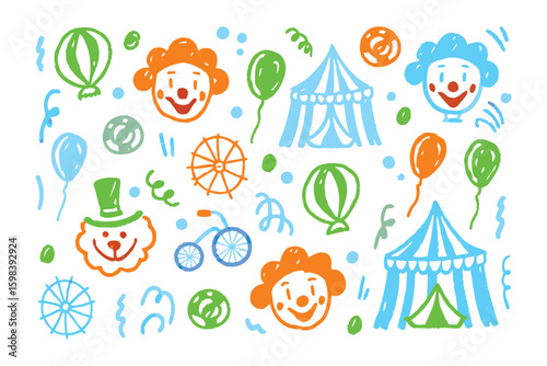 Circus Clowns and Entertainment: A whimsical illustration captures the essence of a circus atmosphere, featuring lively clowns, colorful balloons, circus tent, and other classic elements. 