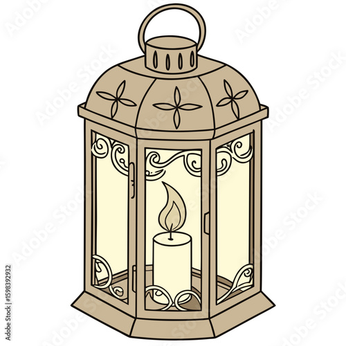 A vintage lantern with a candle inside casting a warm glow with decorative metalwork and a top handle design