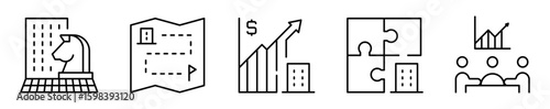 Conjunto de iconos de estrategia empresarial. Planificación corporativa. Decisiones estratégicas, metas financieras, colaboración, análisis y visión. Ilustración vectorial