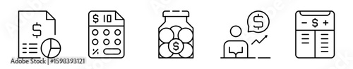 Conjunto de iconos de presupuesto. Gestión financiera y planificación de gastos. Proyección de recursos, ingresos y egresos, ahorro, inversión e informe. Ilustración vectorial 