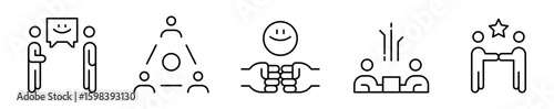 Conjunto de iconos de interacción humana. Conexión interpersonal y comunicación. Escucha activa, colaboración, apoyo mutuo, reunión y alianza. Ilustración vectorial 