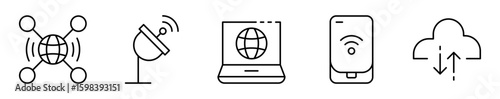Conjunto de iconos de internet. Acceso digital, redes globales y transferencia de datos. Conectividad, cobertura de red, navegación, redes wifi y descarga