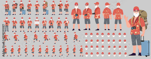 Traveler character model sheet, Character poses, expressions, Walk cycle, Run cycle animated character sequences.