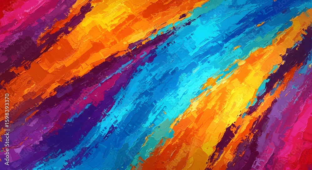 Obraz premium A vibrant, textured painting featuring diagonal strokes of blue, orange, purple, and red creating a dynamic effect.