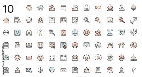 Collection of various minimalist line icons depicting concepts such as settings, home, users, search, documents, email, security, and communication.