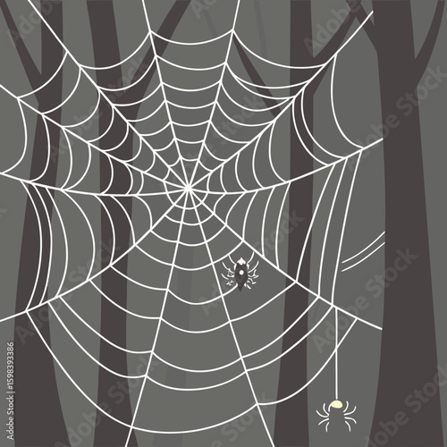 A spiderweb with two spiders in a forest setting with gray trees and a white web design element
