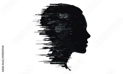 Digital glitch effect of a woman's silhouette head in profile view with fragmented distortion on white background for modern design.

