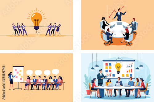 Set of vector illustrations for business meeting, teamwork, and strategy presentation.
