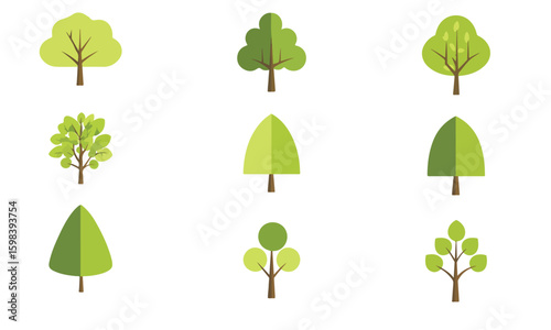 Vector illustration of a set of green trees with natural elements and eco friendly design for forest and garden themes.