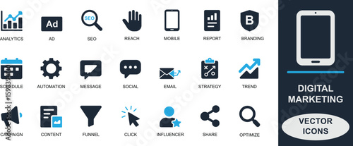 rofessional flat vector icons for digital marketing. Including SEO, campaign, funnel, analytics, content, audience, branding, and strategy. Ideal for web, app, and media use.
