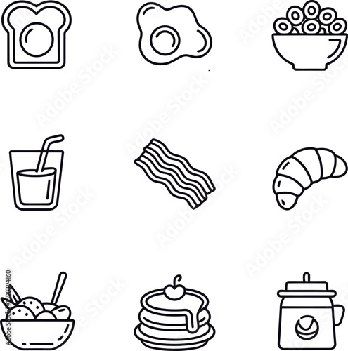 Breakfast food and drink icons line