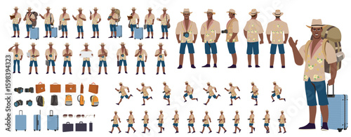 Traveler character model sheet, Character poses, expressions, Walk cycle, Run cycle animated character sequences.