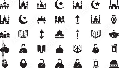 Islamic cultural symbols mosques crescent stars lanterns books prayer rugs vector