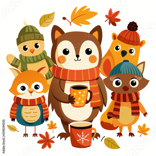 Cute cartoon woodland animals wearing cozy scarves and hats enjoying hot drinks surrounded by autumn leaves