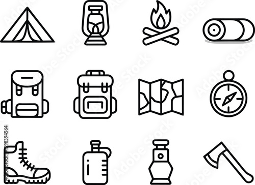Camping equipment icons tent lantern campfire sleeping bag backpack map compass boot canteen bottle axe