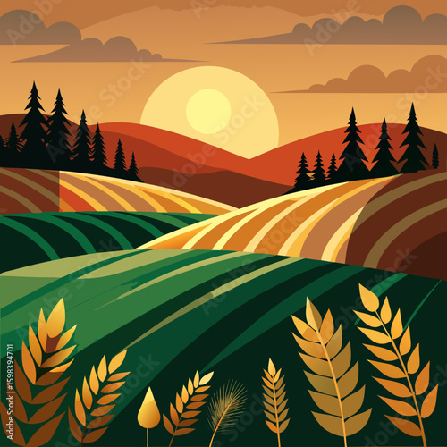Stylized agricultural landscape at sunset with rolling hills and fields of crops