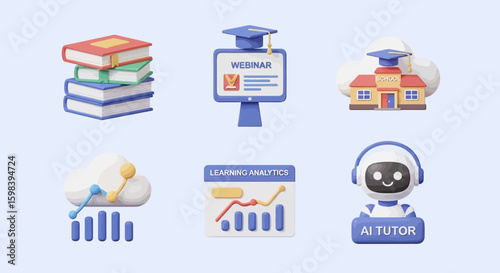 Collection of 3D rendered educational icons featuring books, webinar screen, school, analytics chart, cloud computing, and AI tutor robot.