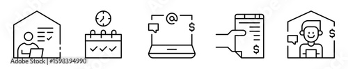 Conjunto de iconos de trabajo freelance. Productividad y organización digital. Flexibilidad laboral, planificación, comunicación digital, facturación y teletrabajo. Ilustración vectorial