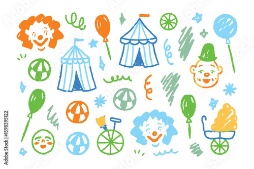 Colorful Circus Elements: A whimsical illustration of circus elements, featuring clowns, tents, balloons, and other playful symbols.