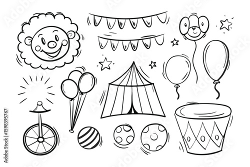 Circus Delight Illustration: A collection of hand-drawn circus elements, perfect for adding a touch of whimsy and excitement to any project. Featuring a lion's face, balloons, a tent, stars.