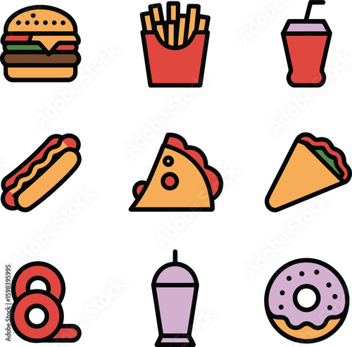 Hamburger french fries soda hotdog sandwich taco pretzel milkshake donut drink