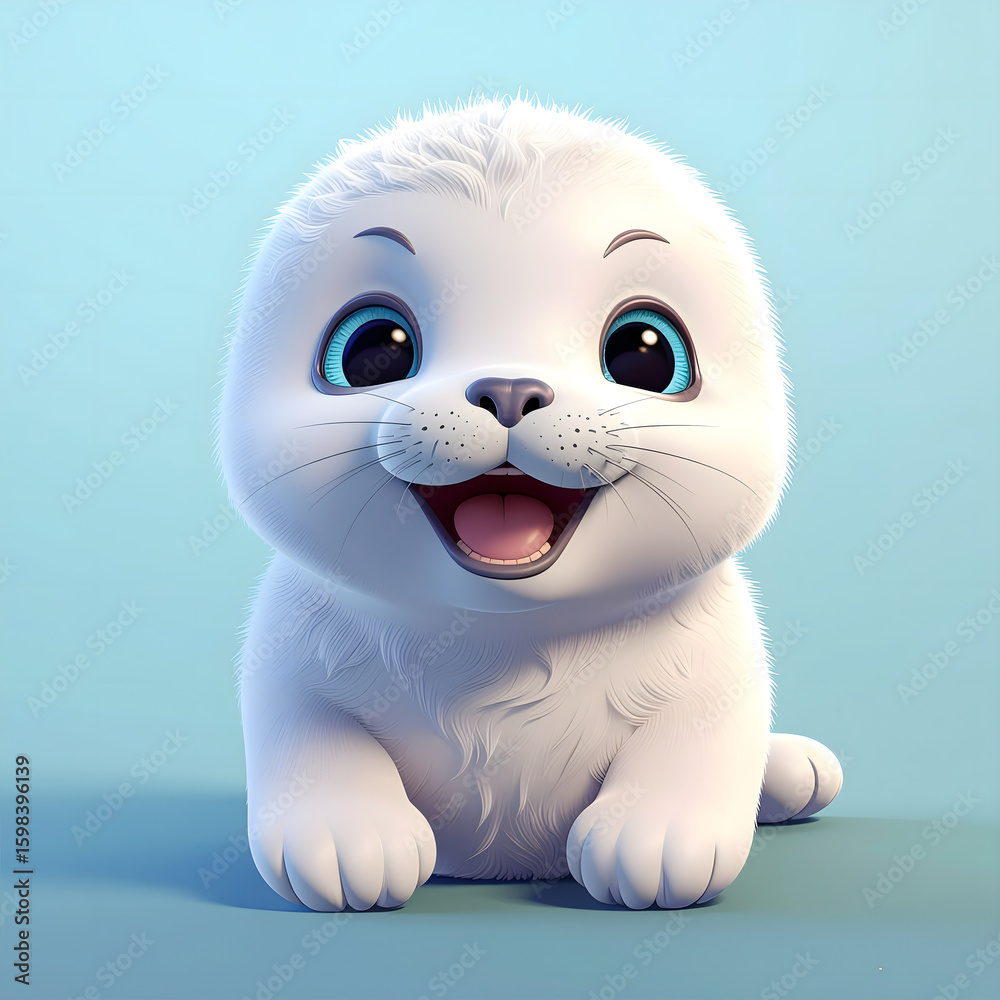 Fototapeta premium A tiny withe , snow white , crazy hair baby seal happy and smiling, simple background