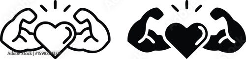 Strong Heart and Muscle Icon Set in Black and White Outline and Solid Style for Fitness and Health