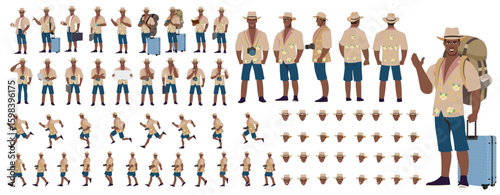 Traveler character model sheet, Character poses, expressions, Walk cycle, Run cycle animated character sequences.