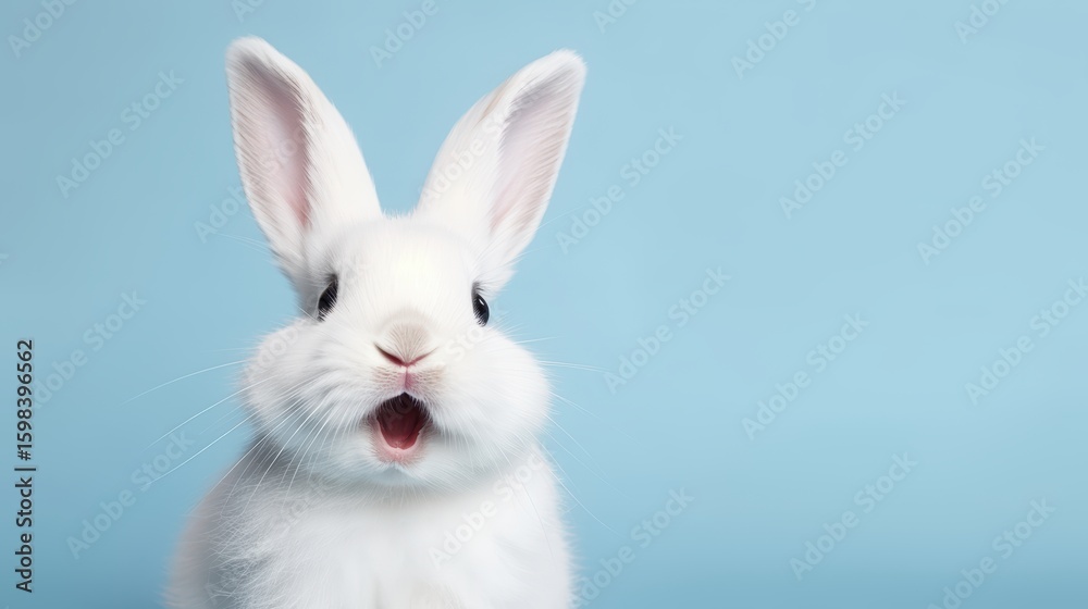 Fototapeta premium cute animal pet rabbit or bunny white color smiling and laughing isolated with copy space for easter background, rabbit, animal, pet, cute, fur, ear, mammal, background, celebration, generate by AI