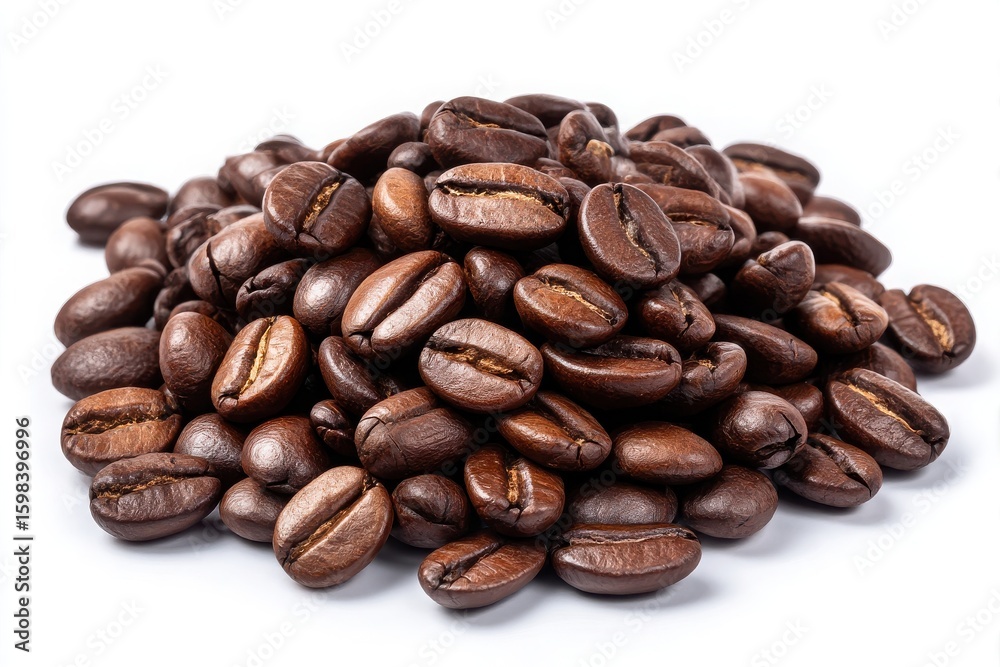 Fototapeta premium A pile of roasted coffee beans with a rich dark brown color isolated on white background