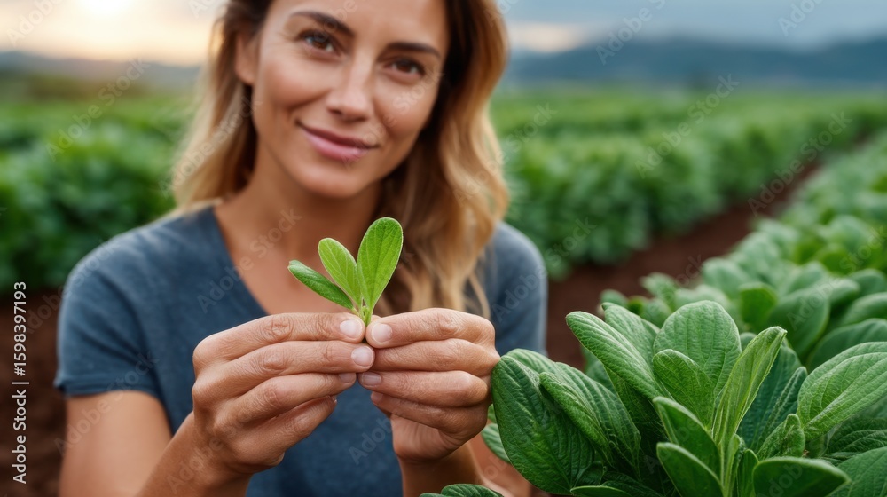 Obraz premium On a vibrant Brazilian farmland, a farmer inspects fresh green leaves, surrounded by rows of healthy crops under a cloudy sky, demonstrating agricultural prosperity