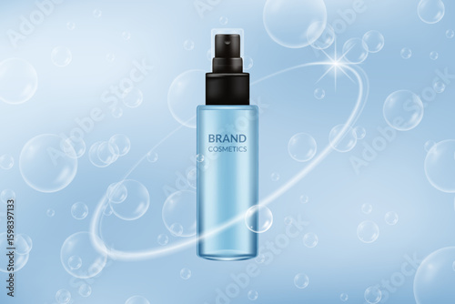 Realistic 3D cosmetic bottles, cologne spray or perfume with water or air bubbles on soft blue background. Vector illustration