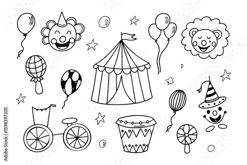 Circus Sketch: Whimsical outlines of circus elements create a playful and inviting scene. Capturing the essence of fun and amusement.