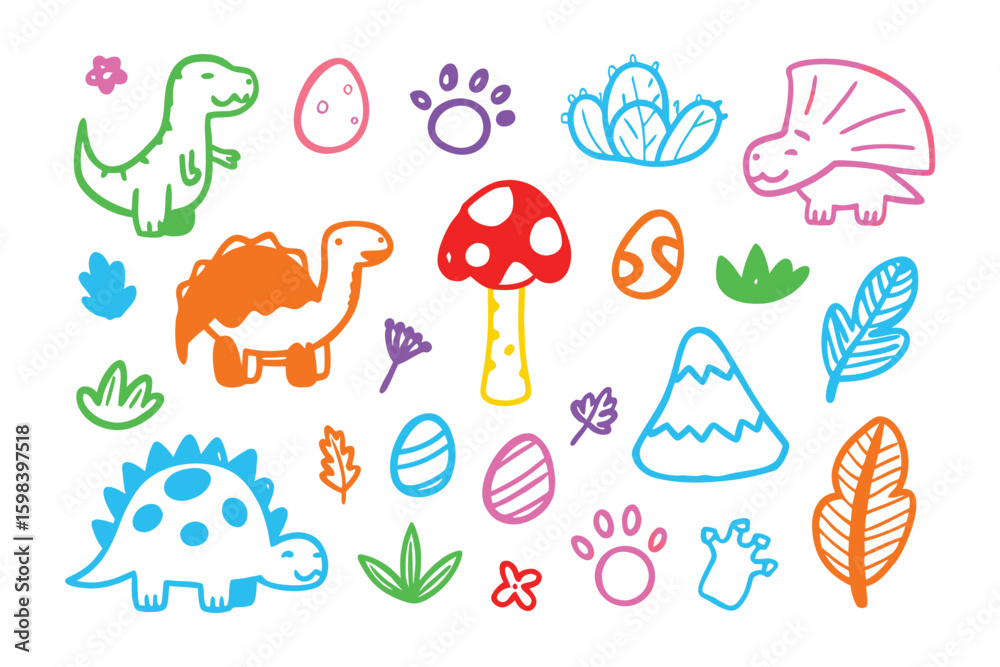 Naklejka premium Dino Doodle Delight: Whimsical illustrations of playful dinosaurs, along with related elements, evoke a sense of joy and wonder. Vivid, kid-friendly style.
