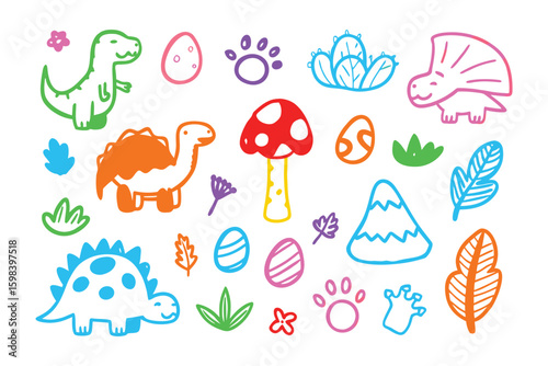 Dino Doodle Delight: Whimsical illustrations of playful dinosaurs, along with related elements, evoke a sense of joy and wonder. Vivid, kid-friendly style.