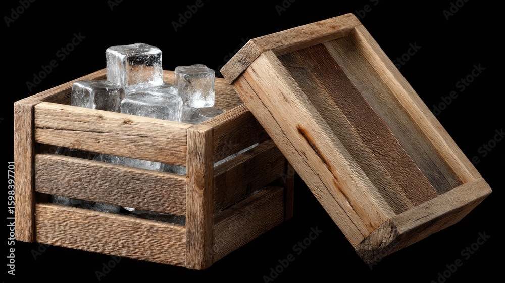 Fototapeta premium Clear, frozen ice cubes rest inside a rustic wooden box, highlighted by a dark backdrop that enhances their crystalline features.