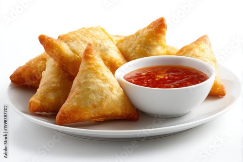 Golden fried samosas with spicy red chili sauce in a white bowl isolated on white background