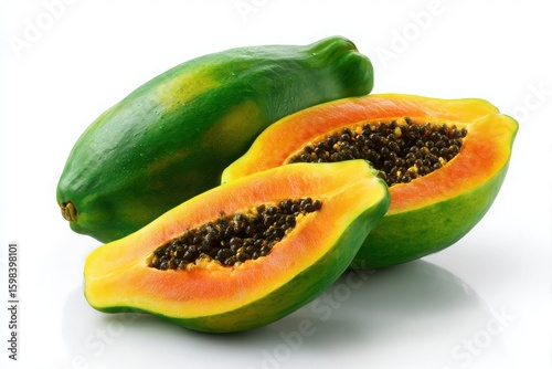 Wallpaper Mural Fresh green papaya halved revealing vibrant orange flesh and black seeds isolated on white background Torontodigital.ca