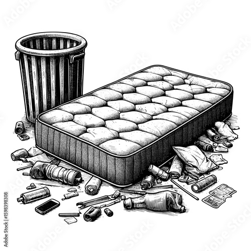Discarded mattress near trash can in sketch style in black and white representing disposal