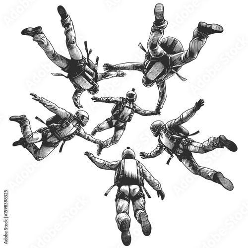 Six skydivers holding hands freefalling against transparent background