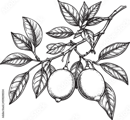 Nature's Fresh Harvest: Vintage Sketch of Lemons on Branch
