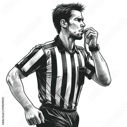 Referee with whistle wearing striped shirt