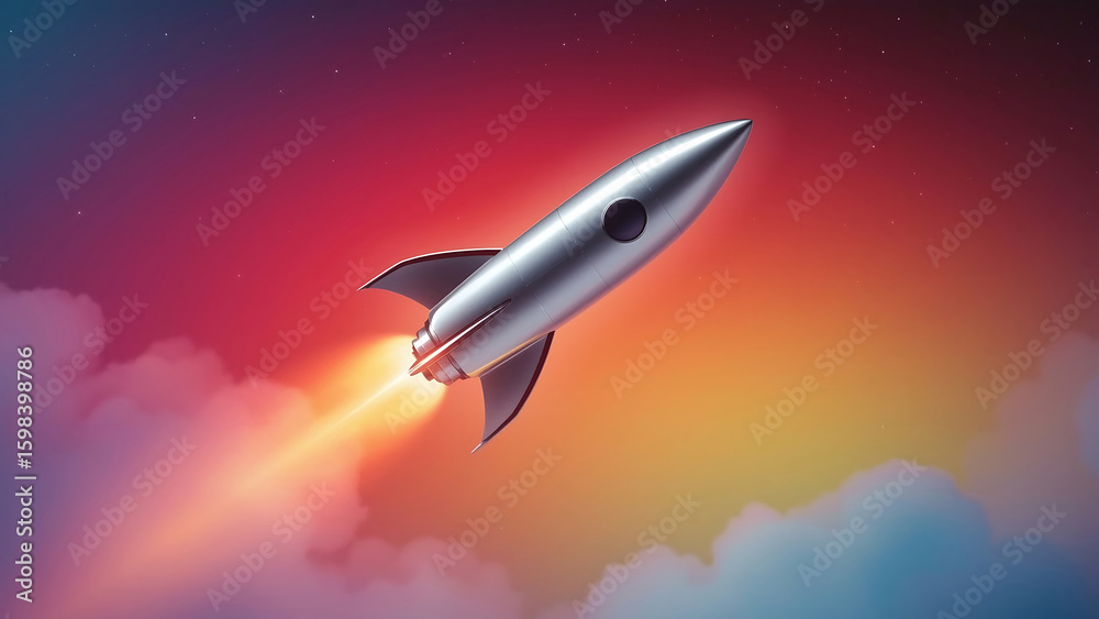 Obraz premium Silver Rocket Soaring Through a Colorful Sky with Clouds and Stars, Embarking on a Voyage of Exploration and Imagination