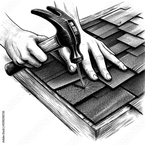 Hand using hammer on wooden background

