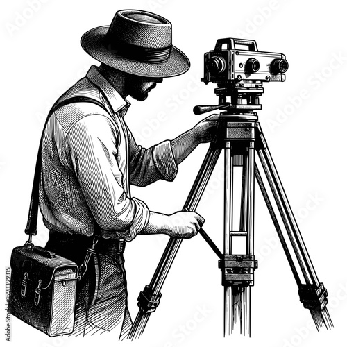 Surveyor adjusting Theodolite against tripod