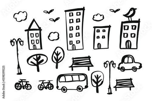 Urban Doodle: A whimsical sketch of an urban landscape, featuring simple line drawings of buildings, trees, vehicles, and street elements. Perfect for adding a touch of playful creativity.